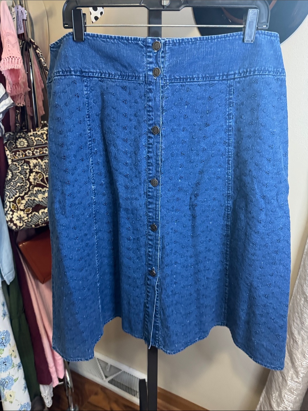 Vintage Requirements Blue Eyelet Button-Front Skater Skirt